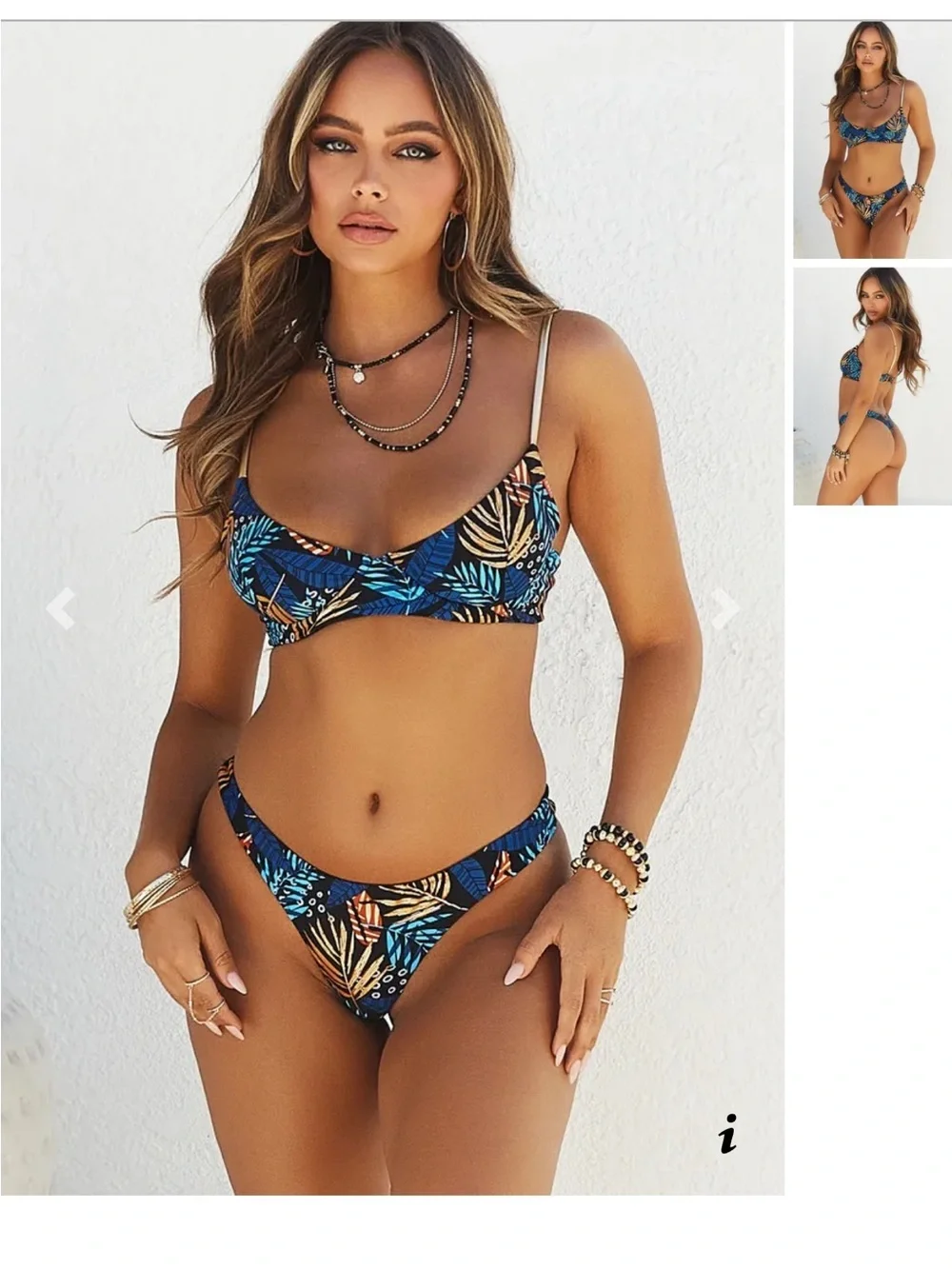 Blue Tropical Leaf Tie-Front Bikini Set